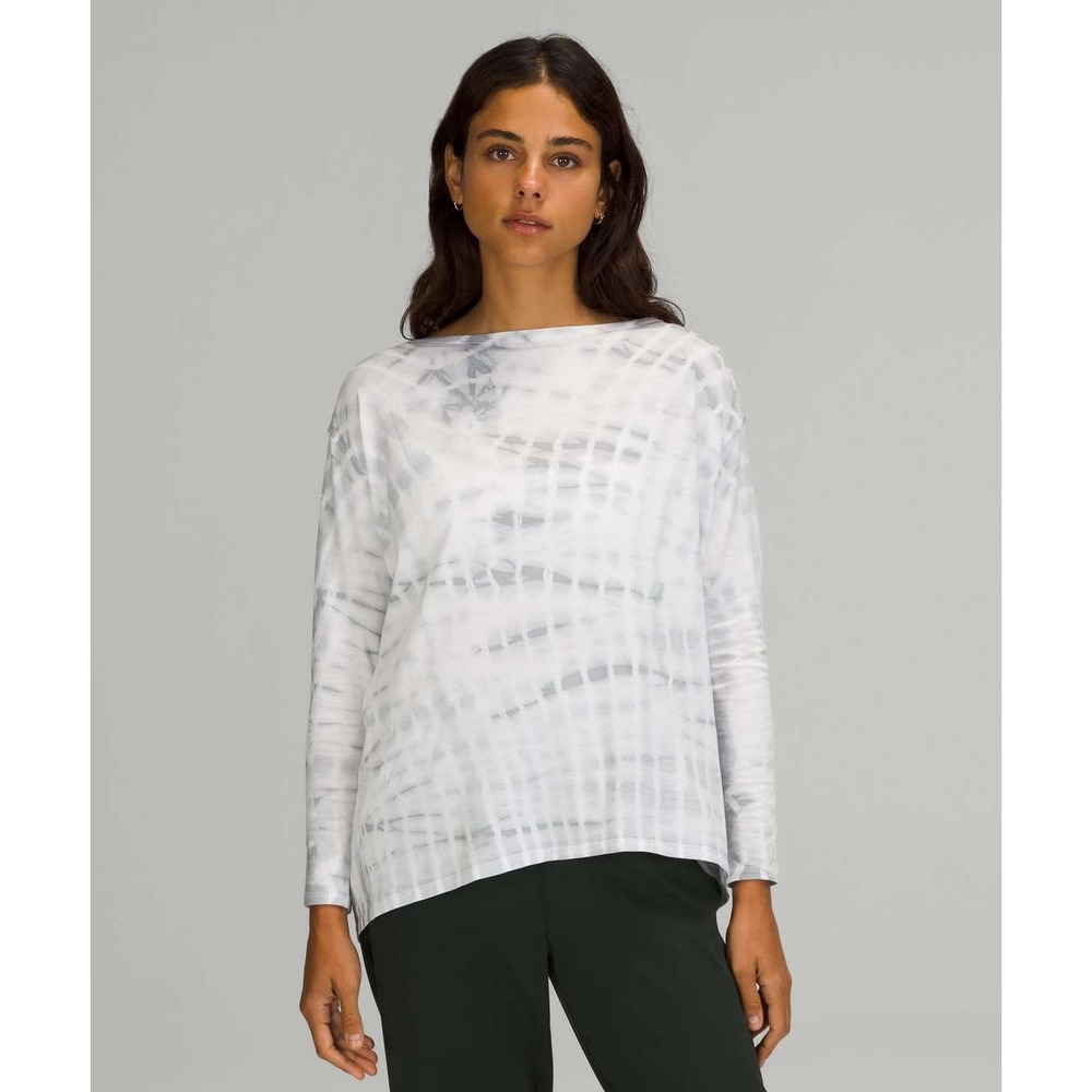 Lululemon Back in Action Long Sleeve Shibori Stripe White Grey Pima Cotton Shirt